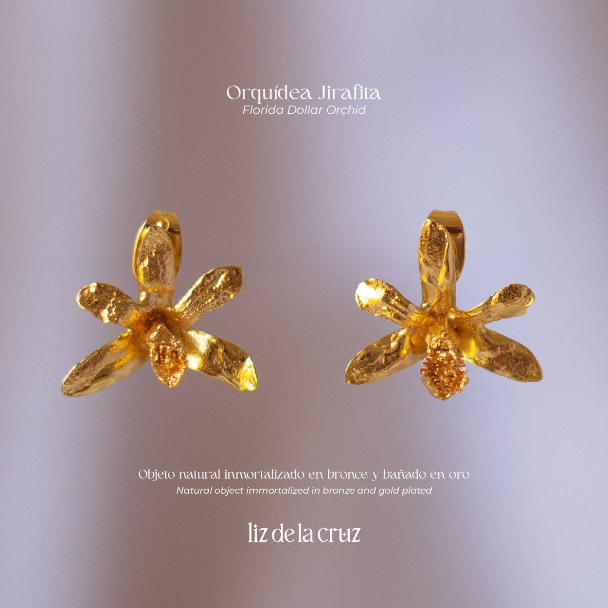 aretes topo con orquídea jirafita natural inmortalizada en bronce enchapado en oro de 24 kilates