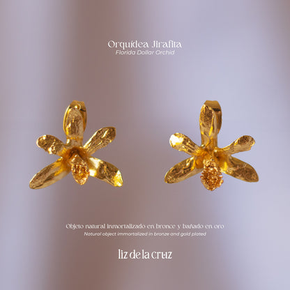 aretes topo con orquídea jirafita natural inmortalizada en bronce enchapado en oro de 24 kilates