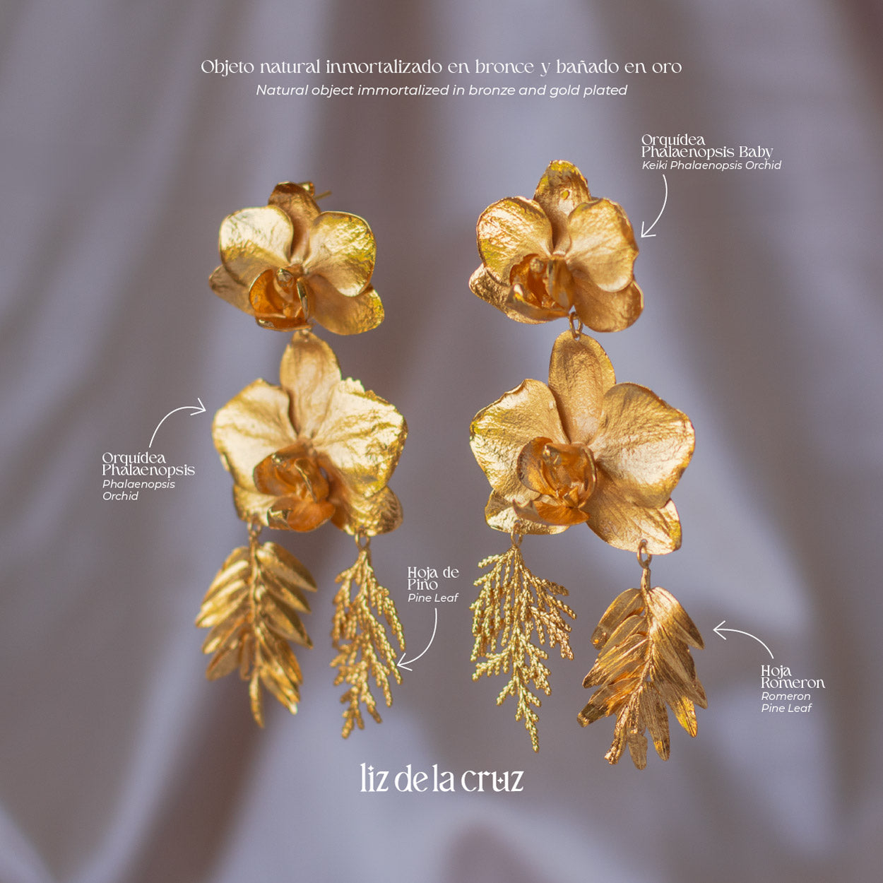 Aretes de orquídea y hojas naturales preservadas, hechos a mano en oro de 24k

