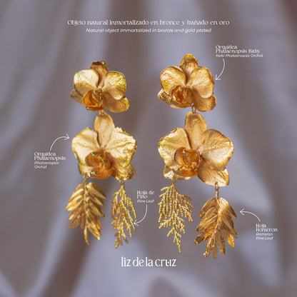 Aretes de orquídea y hojas naturales preservadas, hechos a mano en oro de 24k

