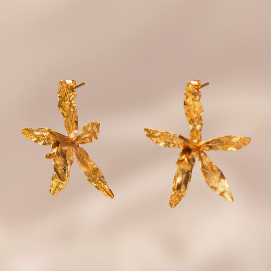 Aretes Topo Orquídea Oncidium Maculatum en bronce bañado en oro de 24k, destacando la belleza exótica de las flores inmortalizadas